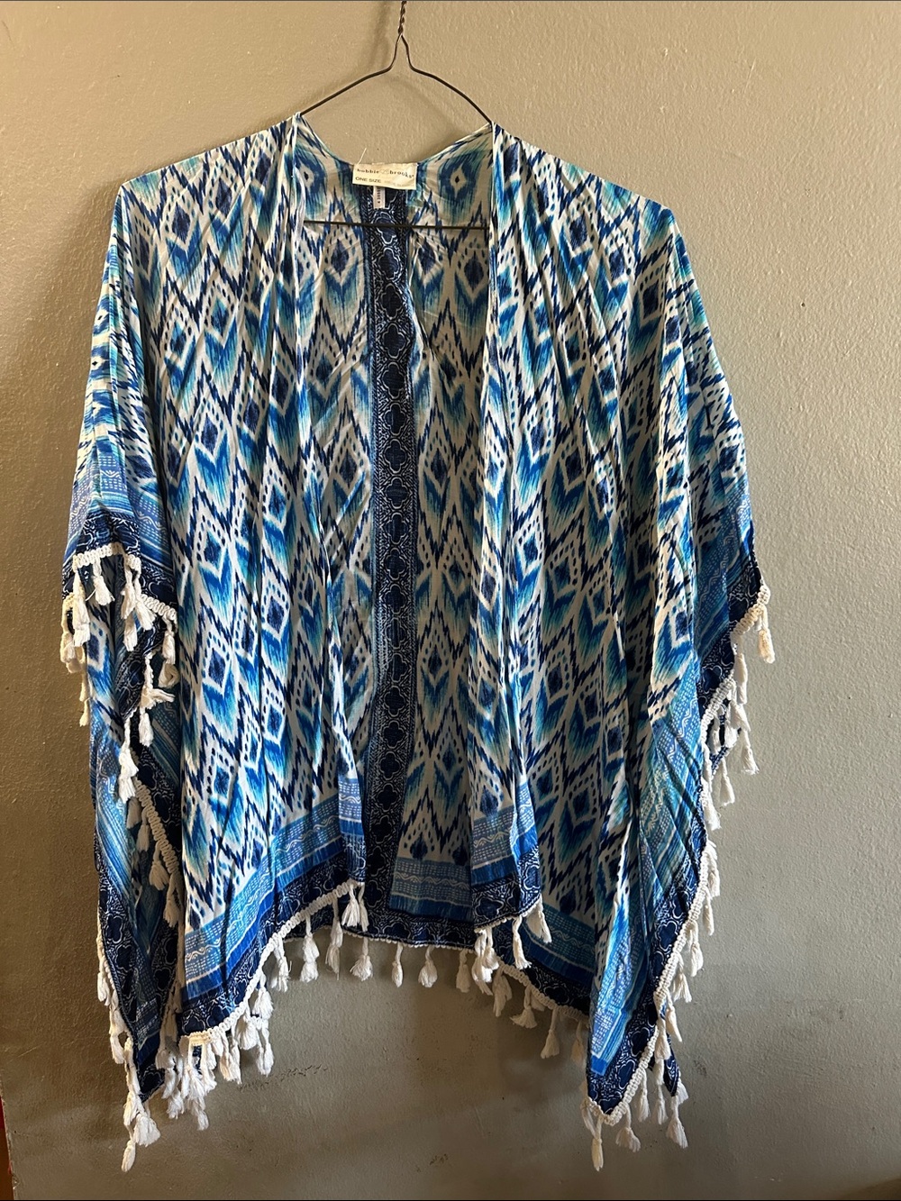 Bobbi Brooks Blue Patterned Tassel Kimono -white blue cover up boho cottagecore